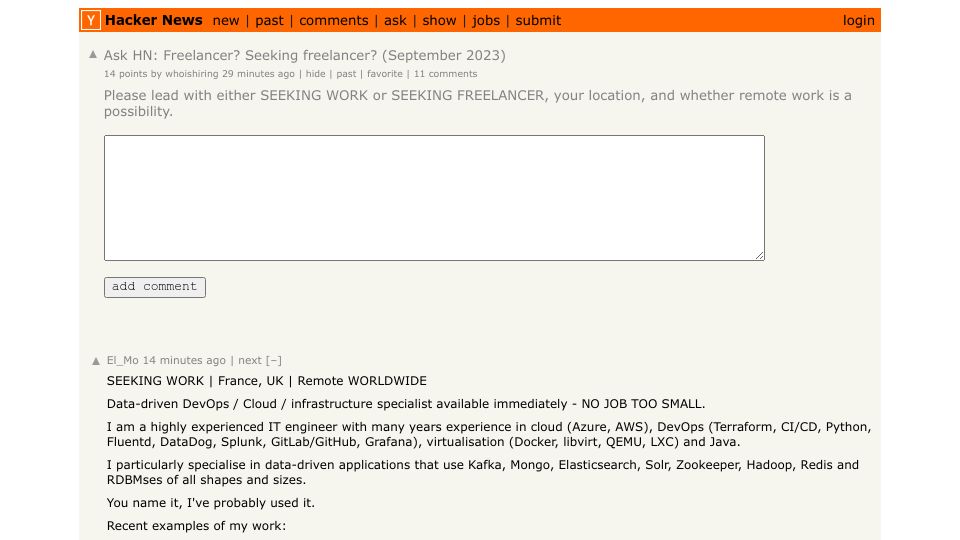 Screenshot of Hacker News post: Ask HN: Freelancer? Seeking freelancer? (September 2023)
