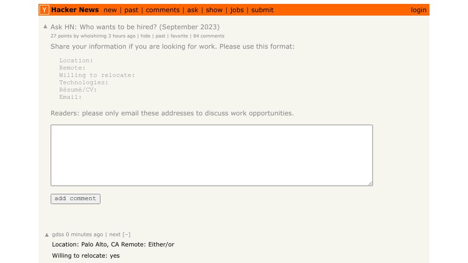Screenshot of Hacker News post: Ask HN: Who wants to be hired? (September 2023)