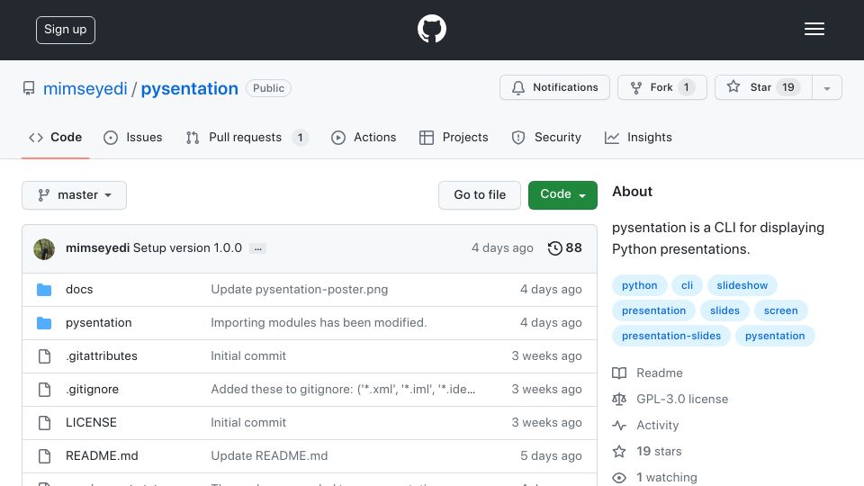 Screenshot of github.com: Pysentation: CLI for displaying Python presentations