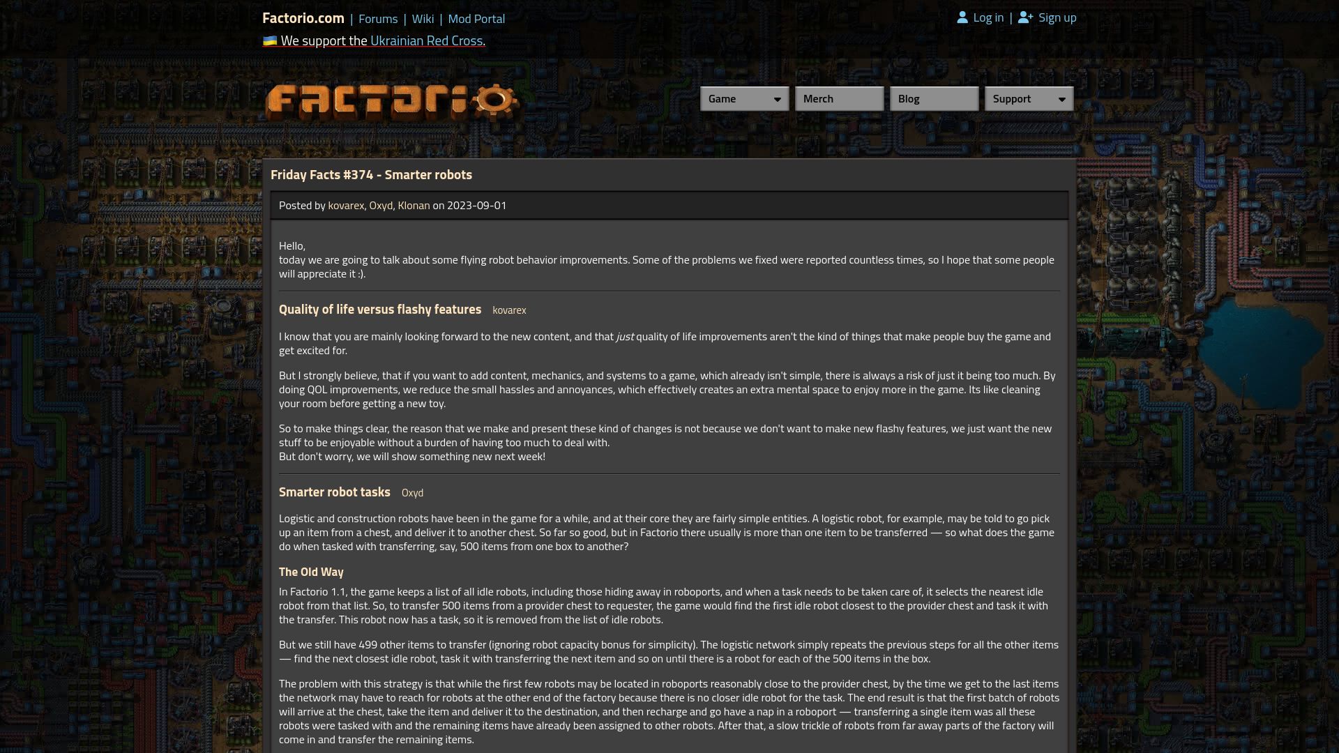 Screenshot of factorio.com: Some flying robot behavior improvements