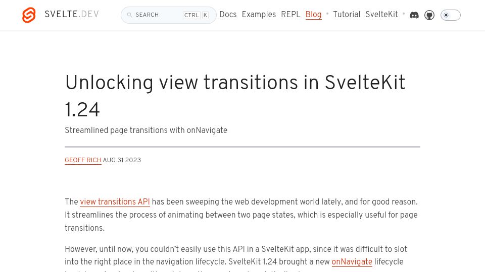 Screenshot of svelte.dev: Unlocking view transitions in SvelteKit 1.24