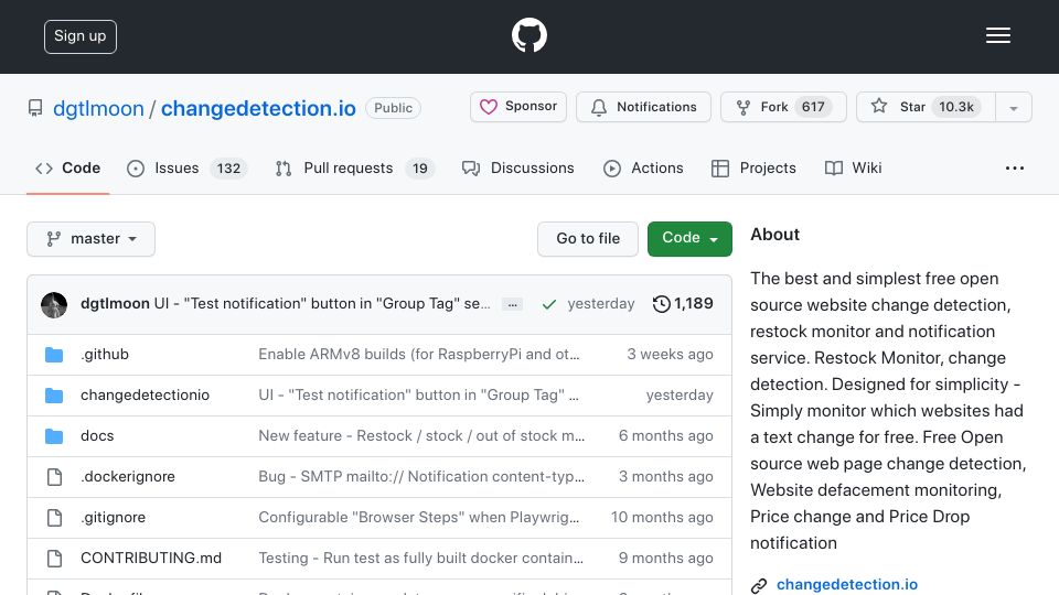 Screenshot of github.com: ChangeDetection, monitor any website change