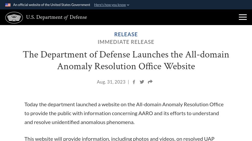 Screenshot of defense.gov: U.S. Department of Defense Launches All-Domain Anomaly Resolution Office Website