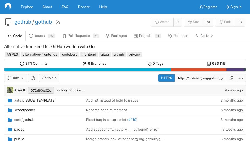 Screenshot of codeberg.org: Gothub: Alternative front-end for GitHub written with Go