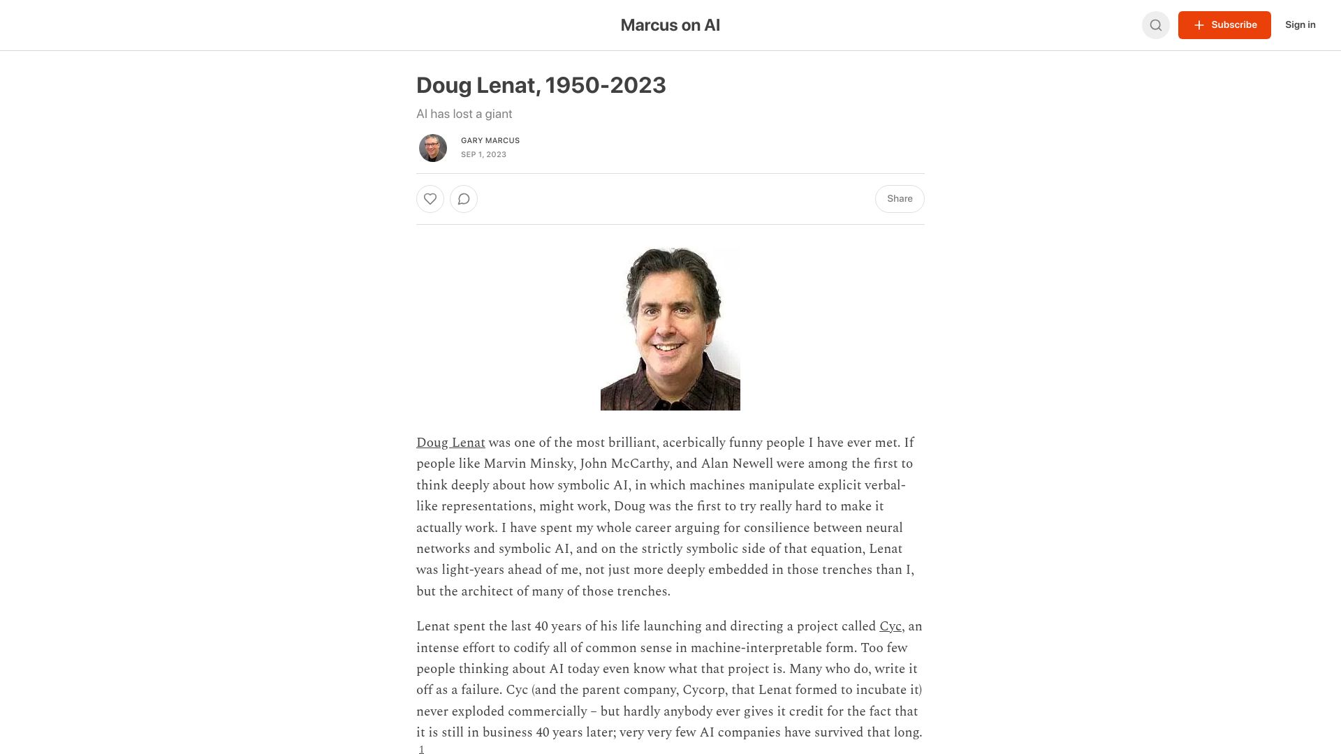Screenshot of garymarcus.substack.com: Doug Lenat has died