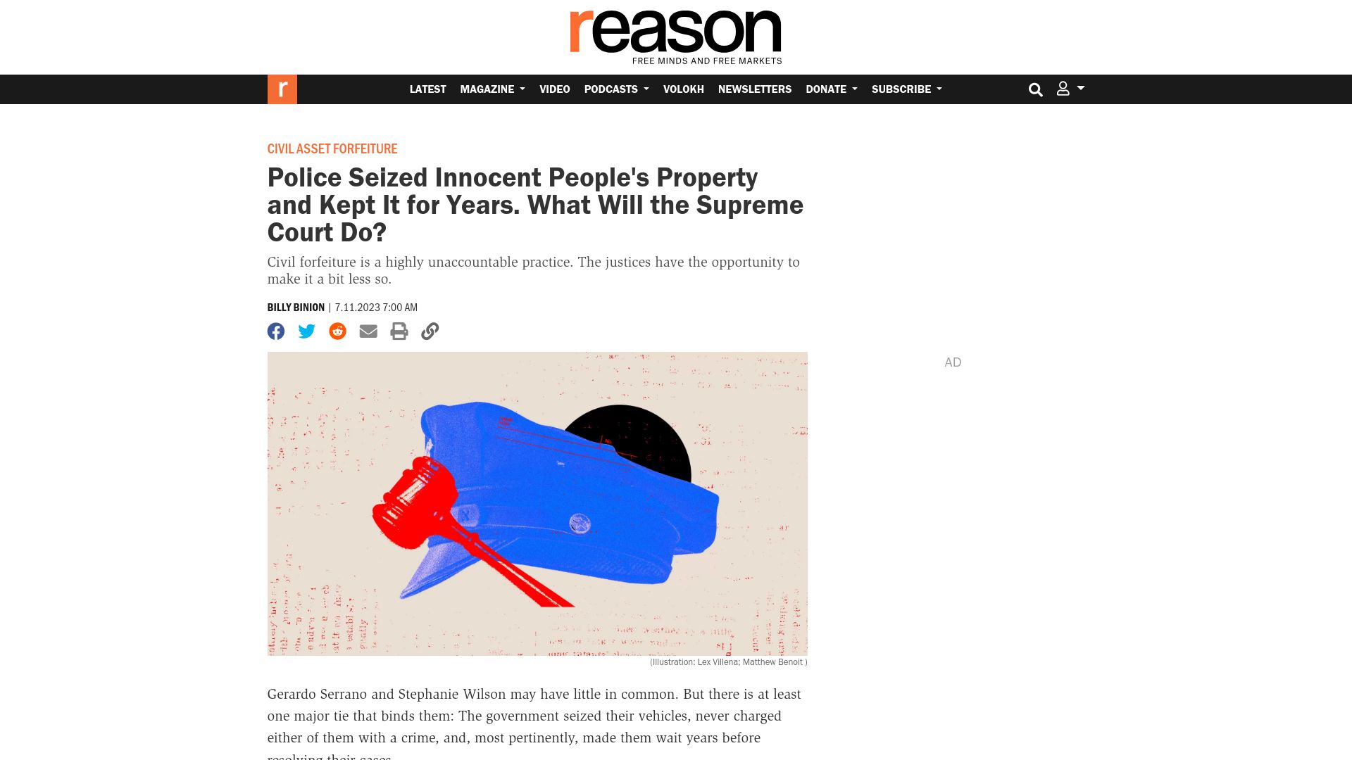 Screenshot of reason.com: Police Seized Innocent Peoples Property, Kept It for Years. What Will SCOTUS Do?