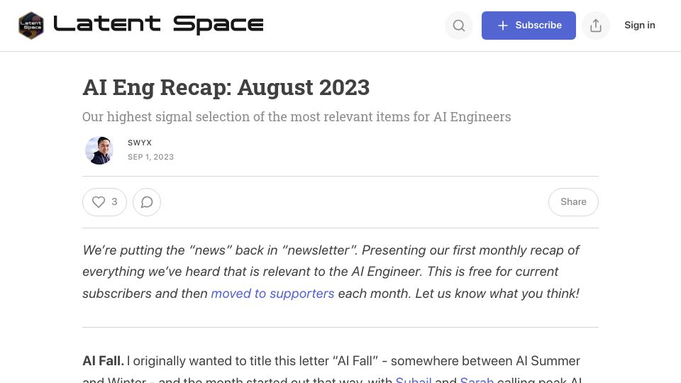 Screenshot of latent.space: AI Eng Recap: August 2023