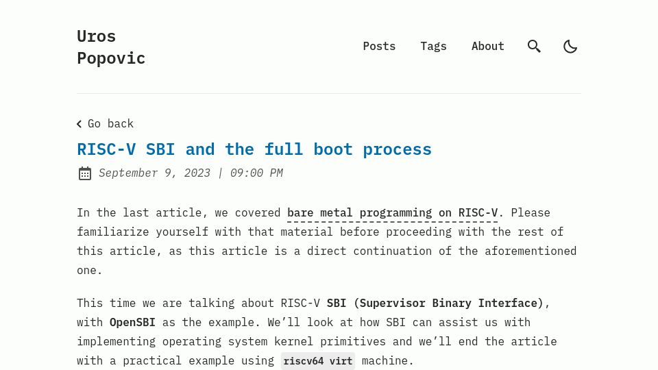Screenshot of popovicu.com: RISC-V SBI and the full boot process