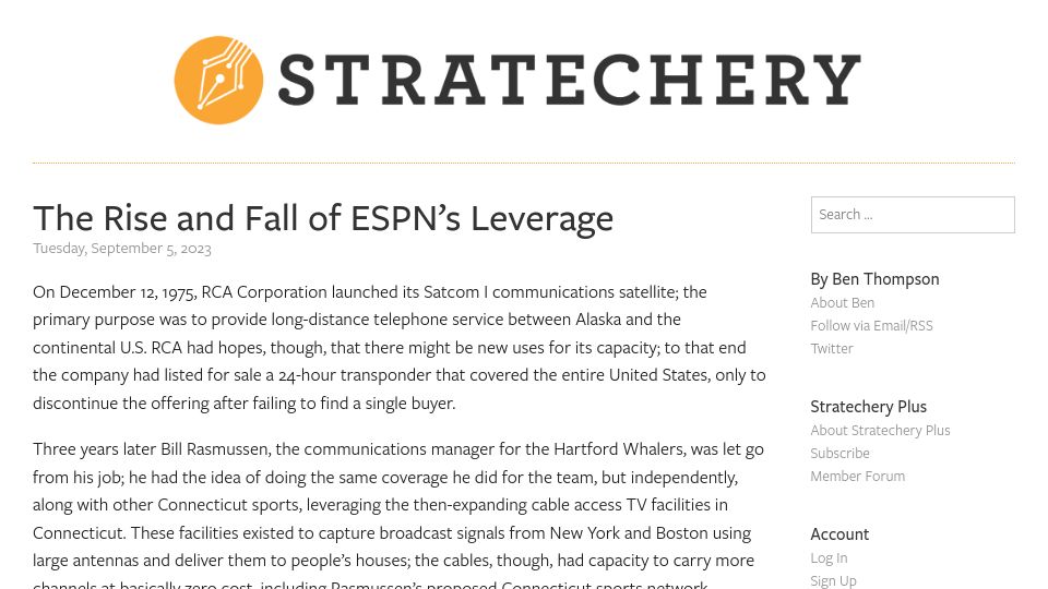 Screenshot of stratechery.com: The Rise and Fall of ESPN’s Leverage