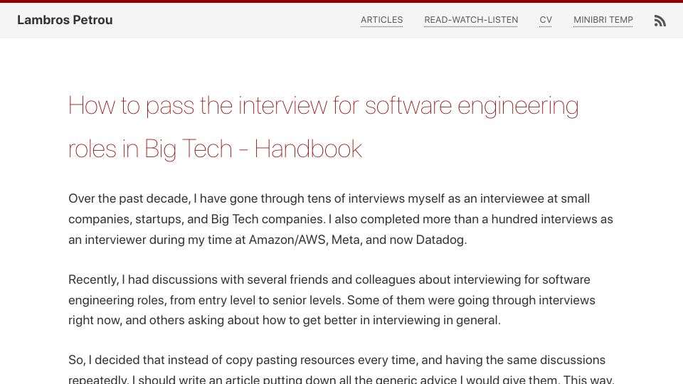 Screenshot of lambrospetrou.com: How to pass the interview for software engineering roles in Big Tech