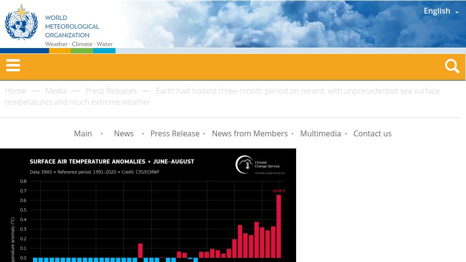 Screenshot of public.wmo.int: Earth had hottest 3-months on record; unprecedented sea temps & extreme weather