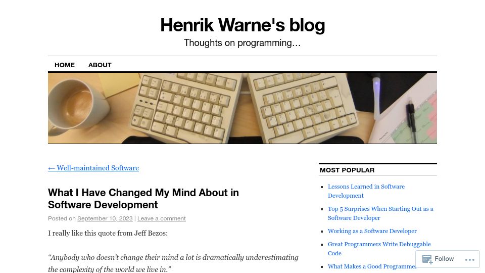 Screenshot of henrikwarne.com: What I have changed my mind about in software development