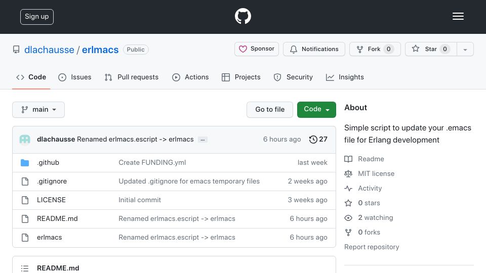 Screenshot of github.com: Show HN: Erlmacs – a script to update your .emacs file for Erlang development