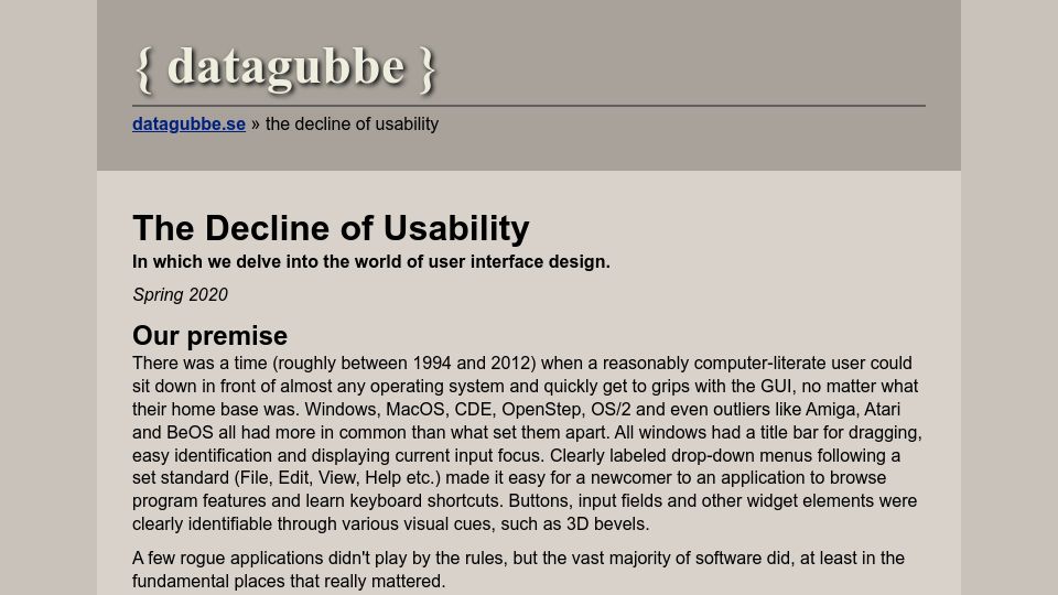 Screenshot of datagubbe.se: The Decline of Usability (2020)