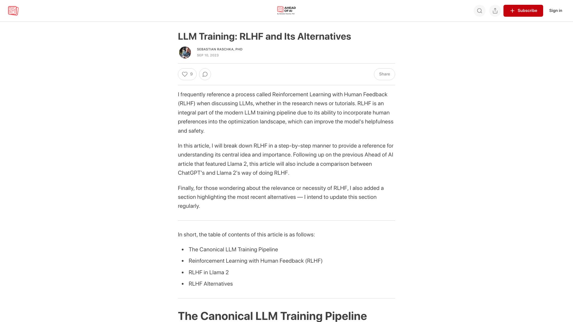 Screenshot of magazine.sebastianraschka.com: Training and aligning LLMs with RLHF and RLHF alternatives