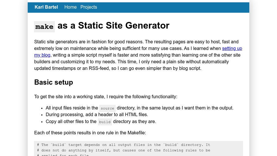 Screenshot of karl.berlin: “Make” as a static site generator (2022)