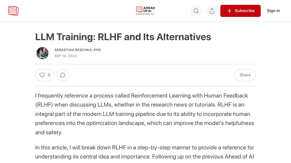 Screenshot of magazine.sebastianraschka.com: Training and aligning LLMs with RLHF and RLHF alternatives