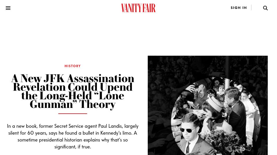 Screenshot of vanityfair.com: New JFK assassination revelation could upend the lone gunman theory