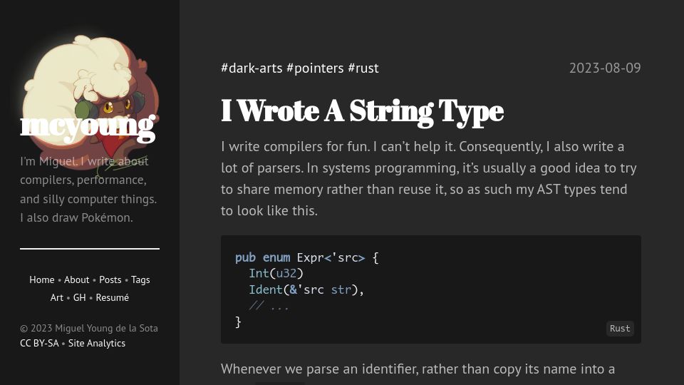 Screenshot of mcyoung.xyz: I wrote a string type