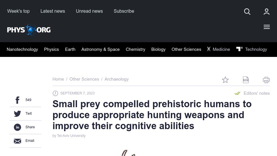Screenshot of phys.org: Small prey compelled prehistoric humans to produce appropriate hunting weapons