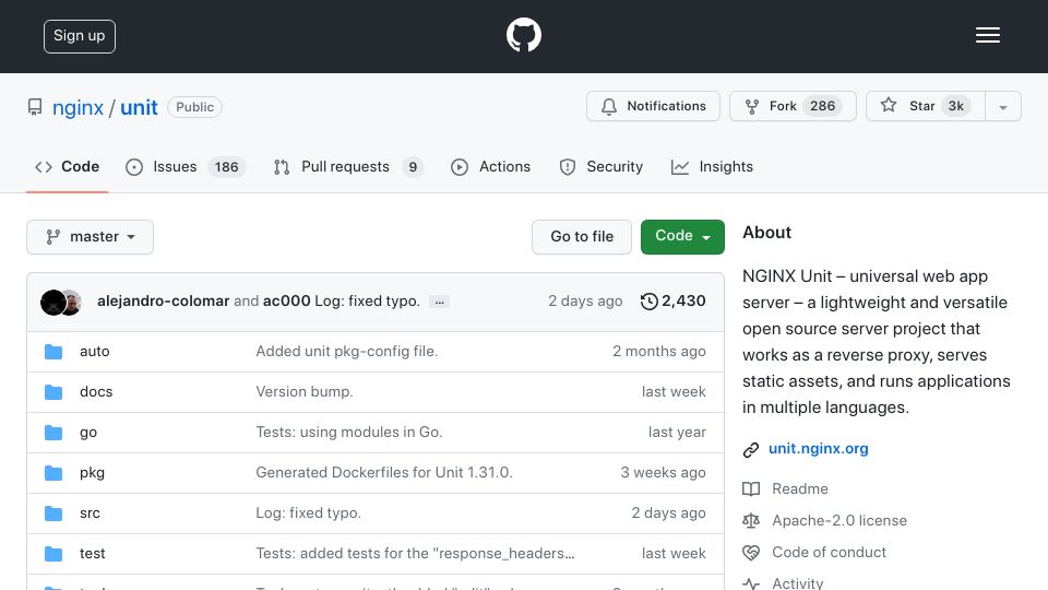 Screenshot of github.com: Nginx Unit – Universal web app server