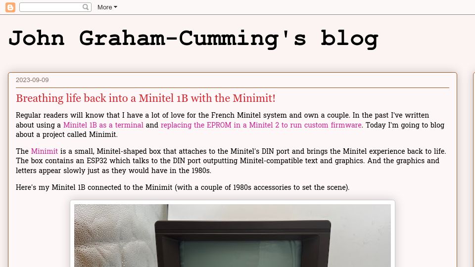 Screenshot of blog.jgc.org: Breathing life back into a Minitel 1B with the Minimit