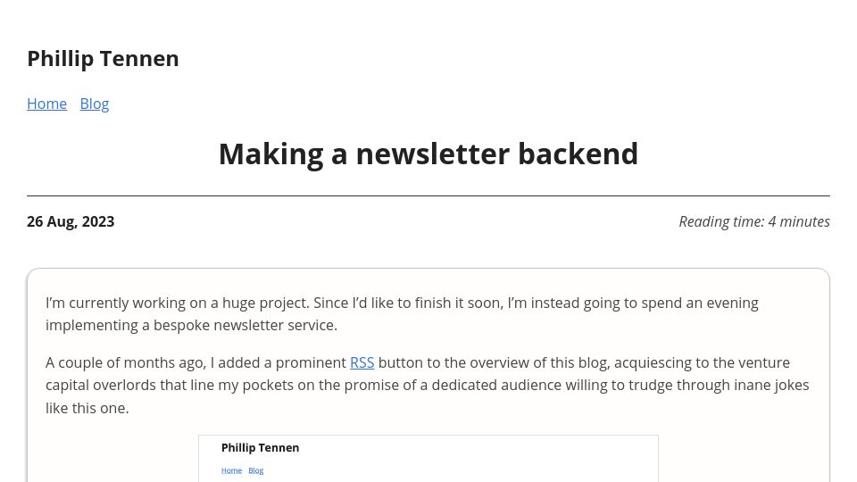 Screenshot of axleos.com: Making a newsletter backend