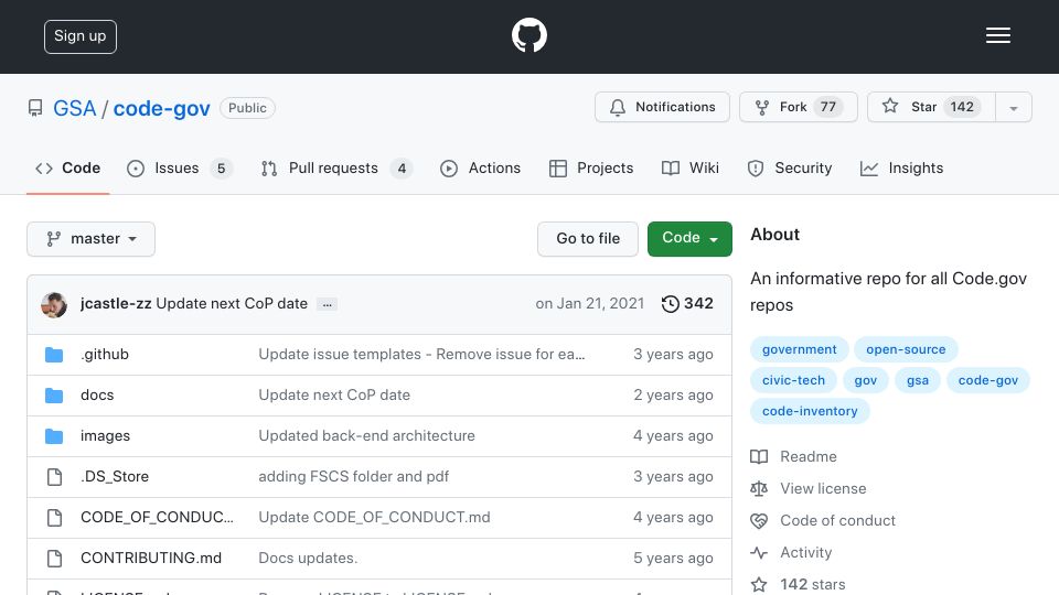 Screenshot of github.com: Code-gov: A collection point for all Code.gov repositories