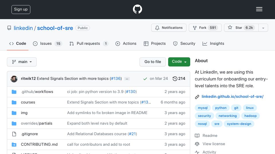 Screenshot of github.com: School of SRE: Curriculum for onboarding non-traditional hires and new grads