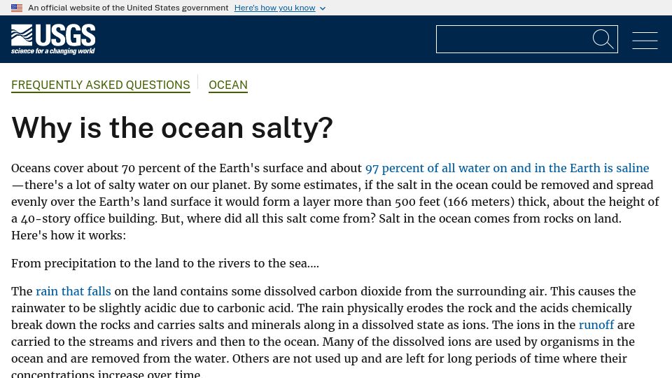 Screenshot of usgs.gov: Why is the ocean salty? (2022)