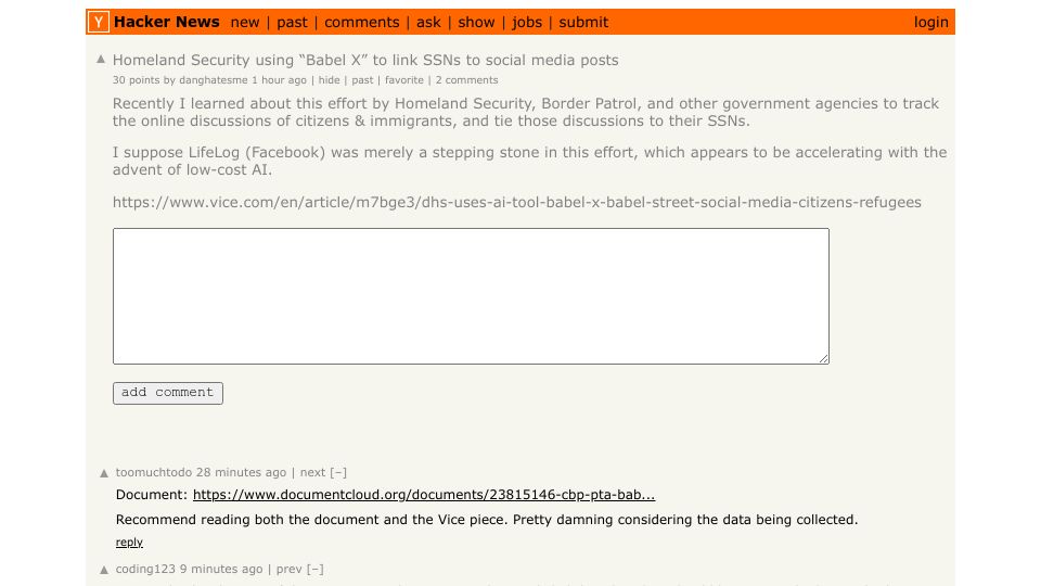 Screenshot of Hacker News post: Homeland Security using “Babel X” to link SSNs to social media posts