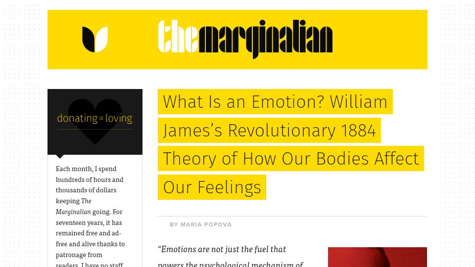 Screenshot of themarginalian.org: What is an emotion? William James’s theory of how our bodies affect our feelings