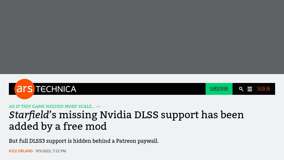 Screenshot of arstechnica.com: Starfield’s missing Nvidia DLSS support has been added by a free mod