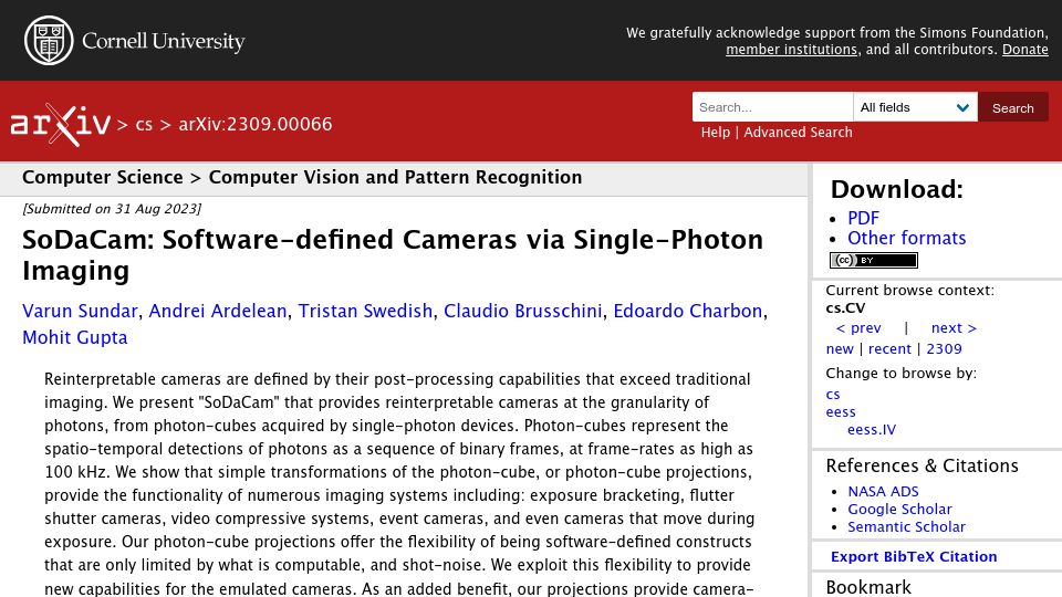 Screenshot of arxiv.org: SoDaCam: Software-Defined Cameras via Single-Photon Imaging