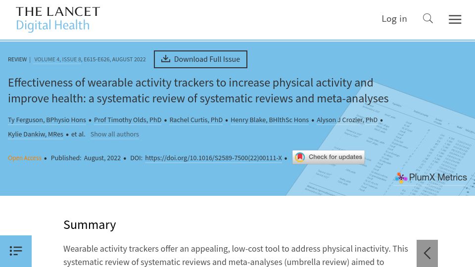 Screenshot of thelancet.com: Effectiveness of wearable activity trackers to increase physical activity