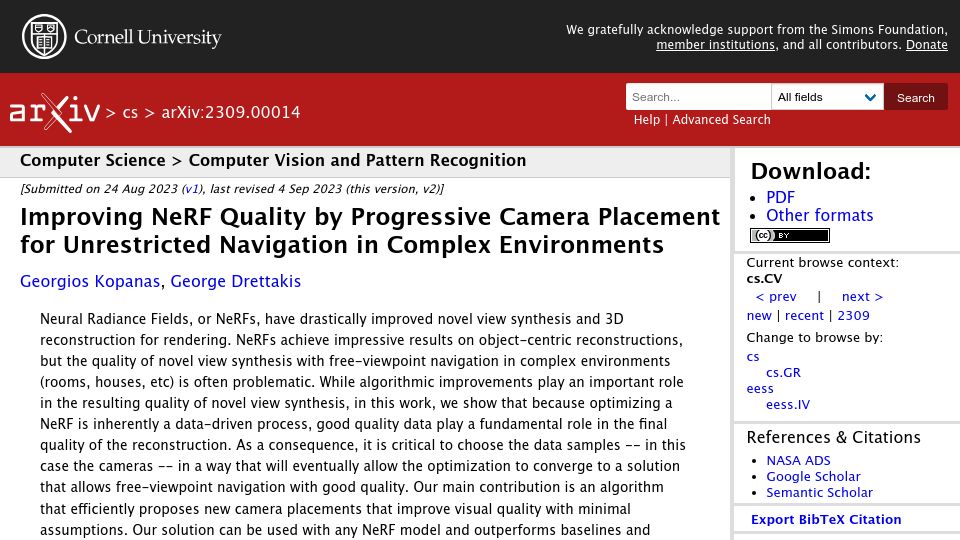 Screenshot of arxiv.org: Improving NeRF quality by progressive camera placement