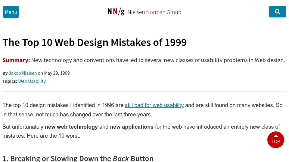 Screenshot of nngroup.com: Web Design Mistakes of 1999 (1999)
