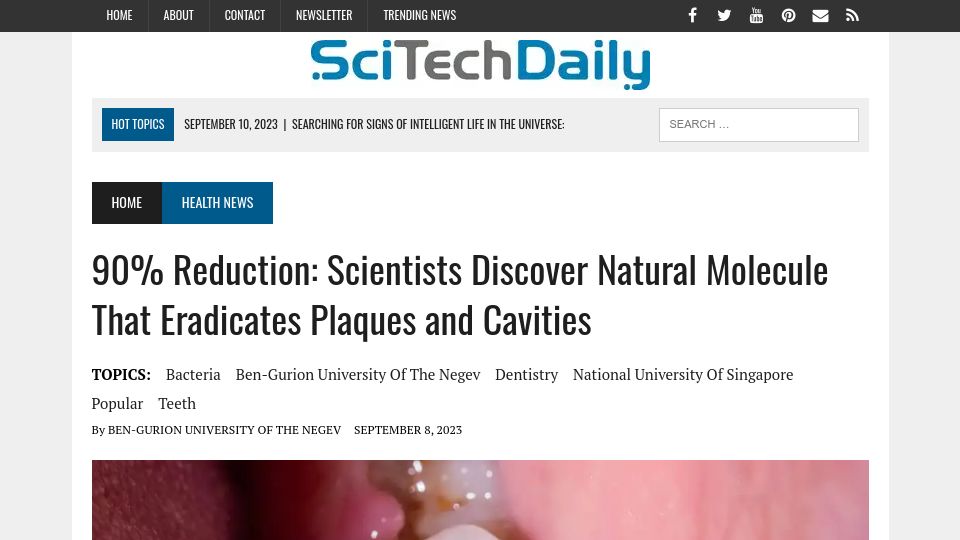 Screenshot of scitechdaily.com: The molecule DIM reduces biofilms causing dental plaque: study