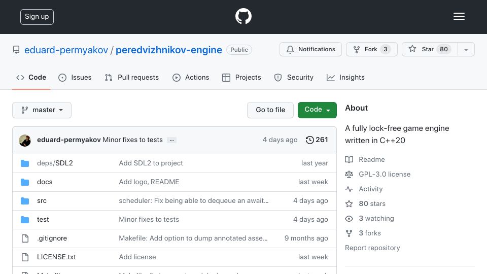 Screenshot of github.com: Peredvizhnikov Engine: Lock-free game engine written in C++20