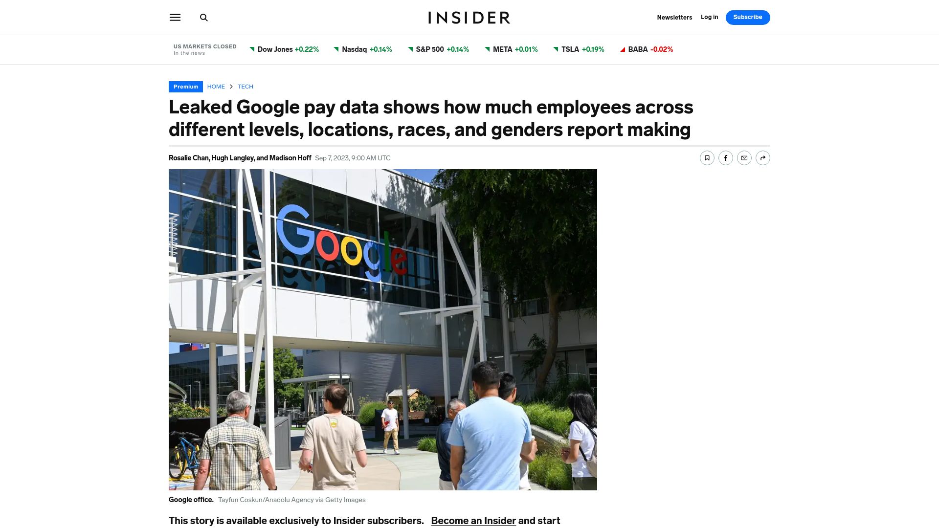 Screenshot of businessinsider.com: Leaked Google pay data shows how much employees report making