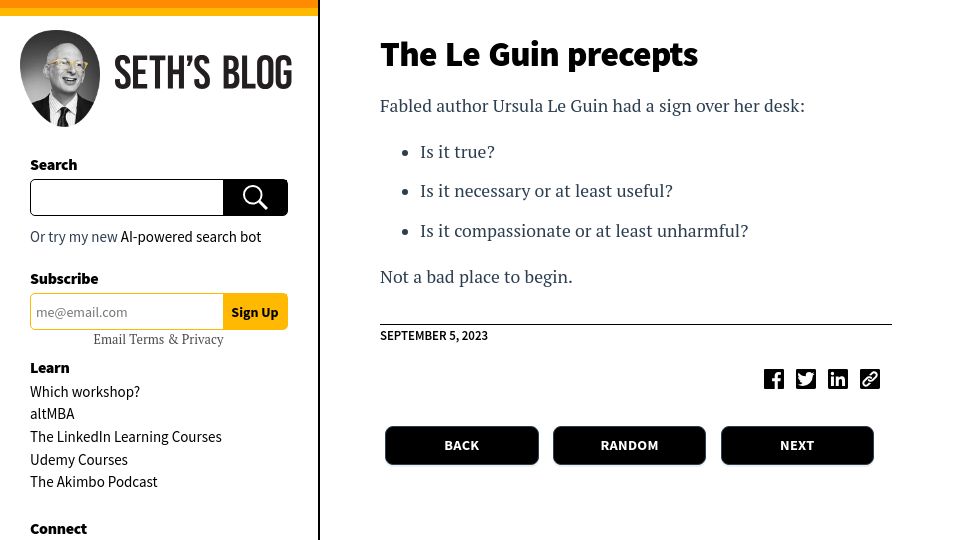 Screenshot of seths.blog: The Le Guin Precepts