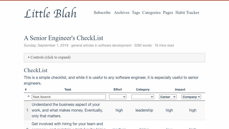 Screenshot of littleblah.com: A Senior Engineer's Check-List (2019)