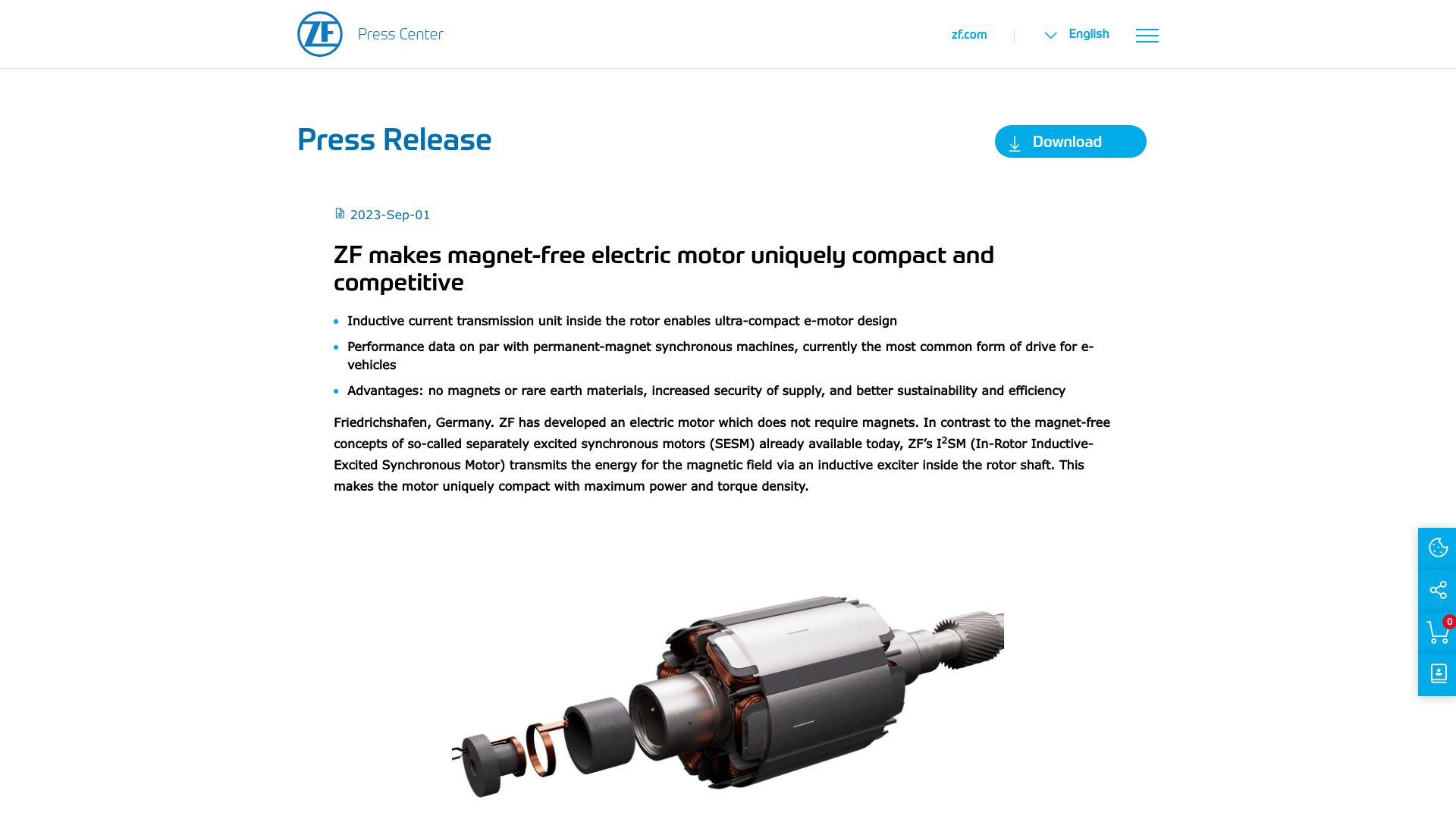 Screenshot of press.zf.com: ZF makes magnet-free electric motor uniquely compact and competitive