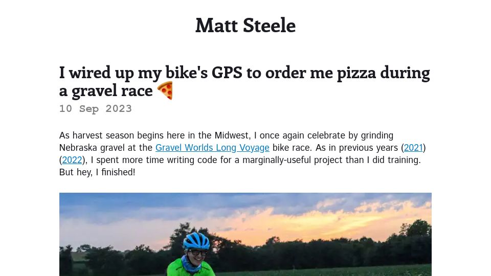 Screenshot of steele.blue: I wired up my bike's GPS to order me pizza during a gravel race