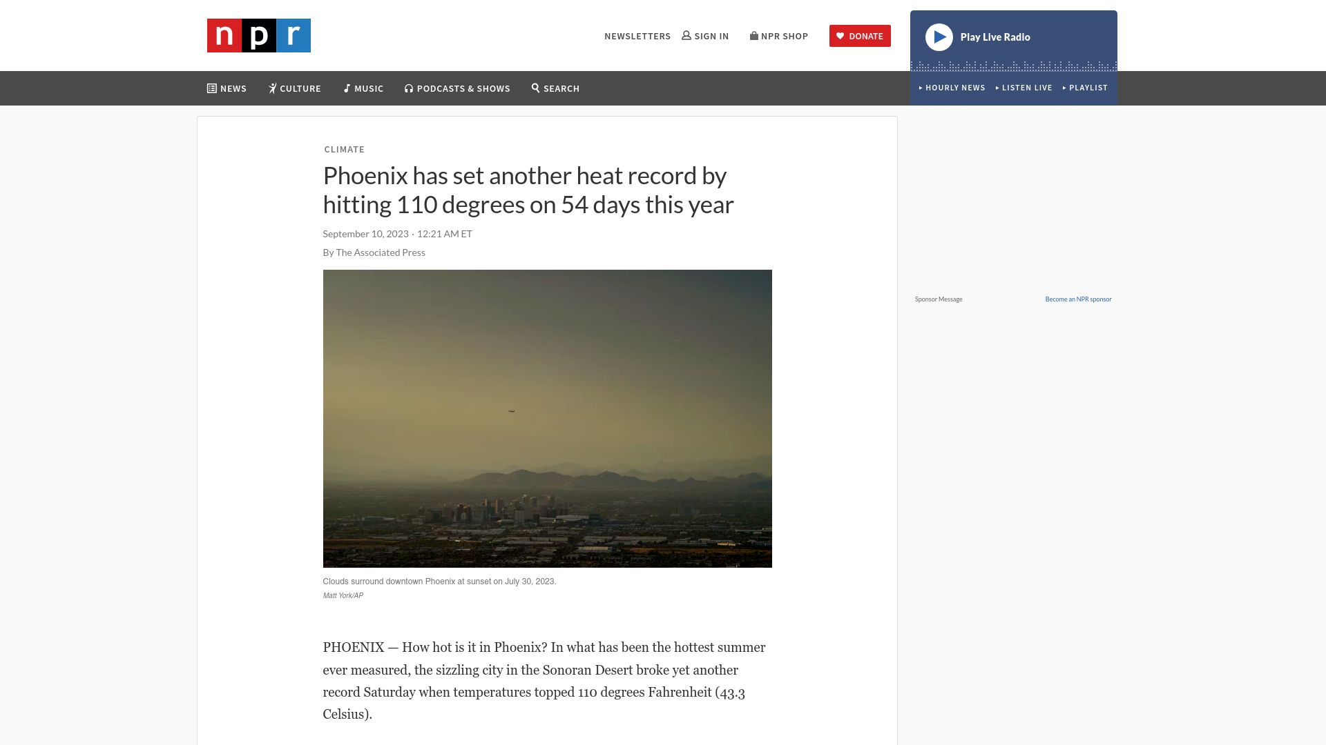 Screenshot of npr.org: Phoenix has set another heat record by hitting 110 degrees on 54 days this year