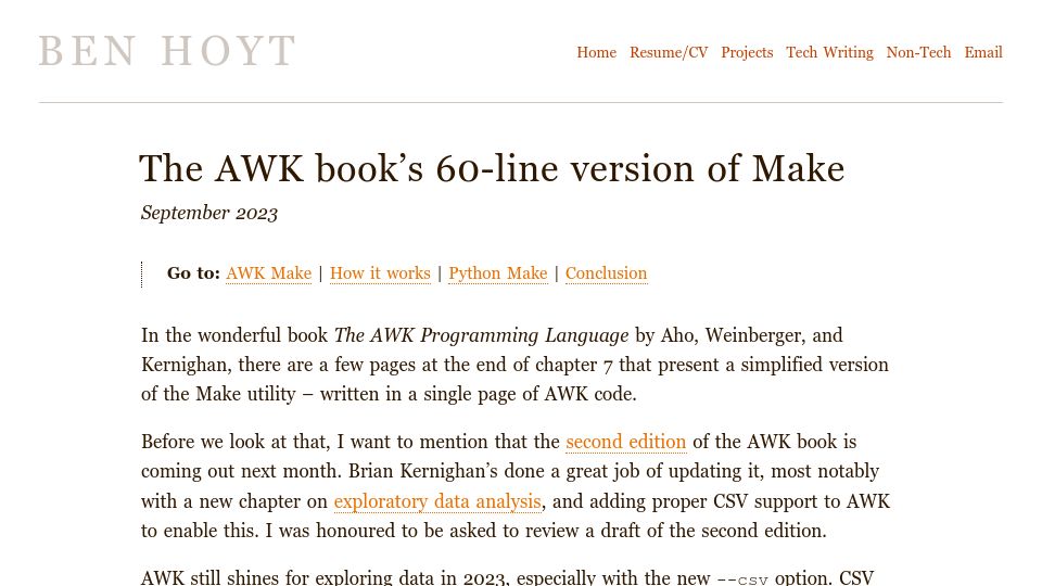 Screenshot of benhoyt.com: The Awk book’s 60-line version of Make