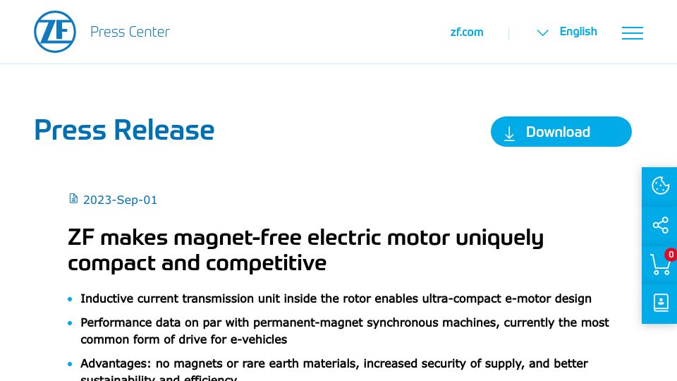 Screenshot of press.zf.com: ZF makes magnet-free electric motor uniquely compact and competitive