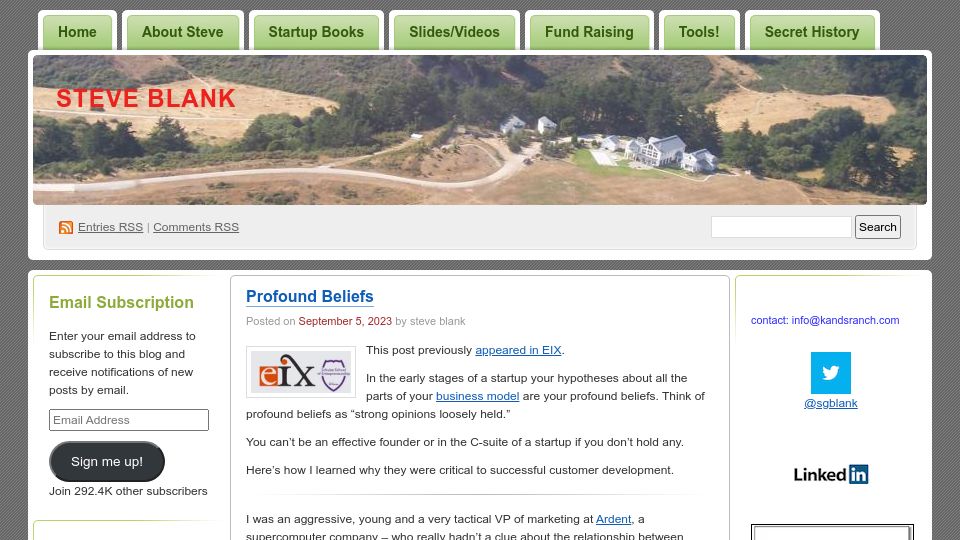 Screenshot of steveblank.com: Profound Beliefs