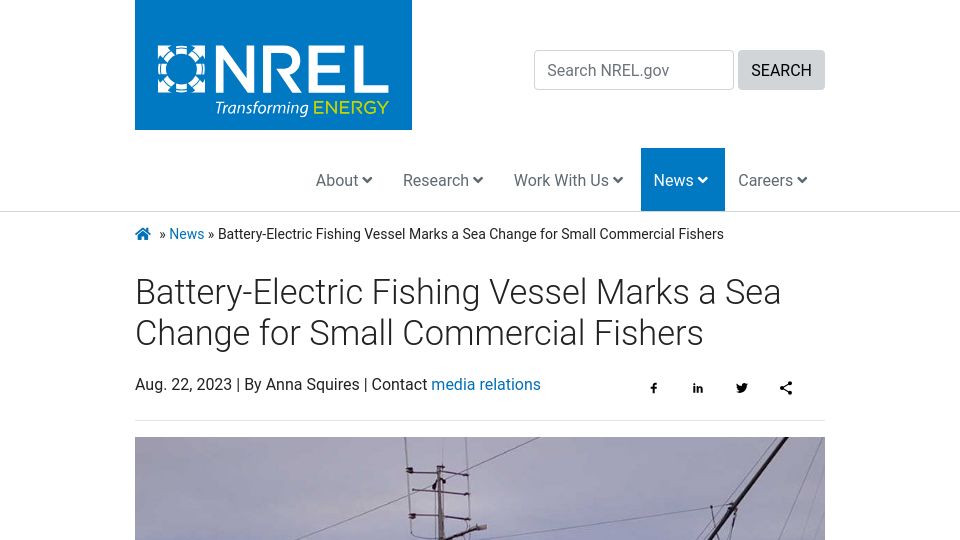 Screenshot of nrel.gov: Battery-electric fishing vessel marks a sea change for small commercial fishers