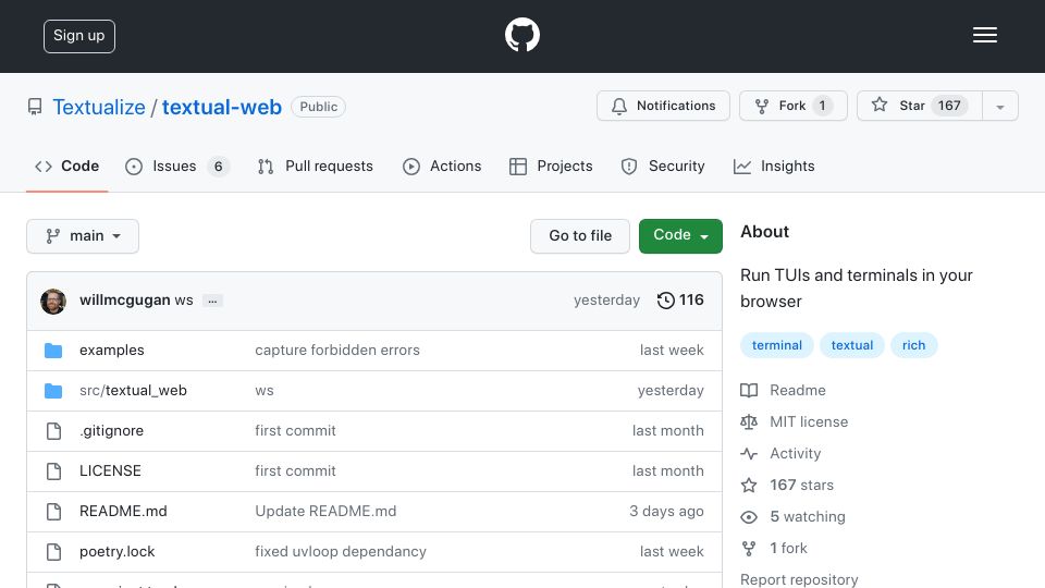 Screenshot of github.com: Textual-web: Run TUIs and terminals in the browser